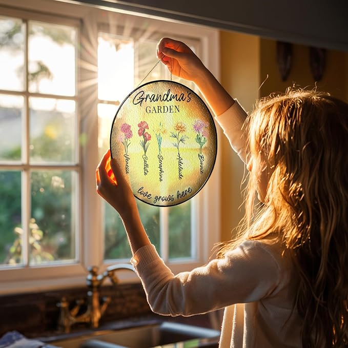 Personalized Grandma's Garden Window Hanging Suncatcher - Birth Month Flowers Garden Gift for Mom, Grandma - Mother's Day, Birthday Gift