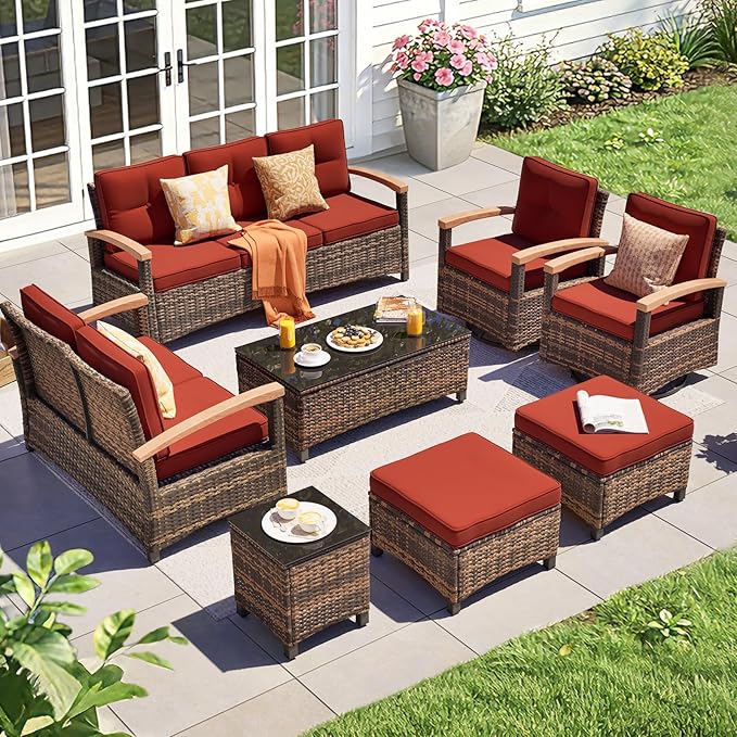 MEISSALIVVE 8 Pieces Patio Furniture Sets,Wicker Patio Conversation Sets with 2 Wood Armrests Swivel Glide Chairs, Outdoor Couch, Loveseat for Deck Yard and Poolside (Red)