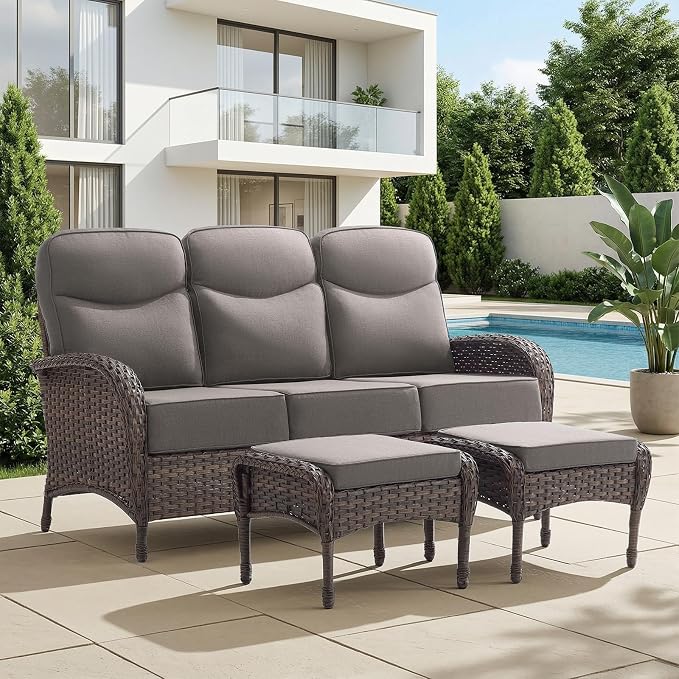 HUMMUH Outdoor Couch with 6-inch Thick Cushion, Luxury High Back Patio Furniture Set -Patio Sofa with Ottomans,3PCS Wicker Conversation Set for Deck Yard and Porch