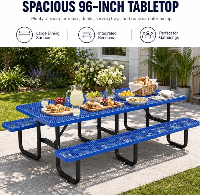 8 FT Heavy Duty Outdoor Metal Picnic Table with Umbrella Hole, Commercial Grade Steel Picnic Table with Benches, Seats 8-10 Adults, Weather Resistant for Backyard, Park, School & Campground