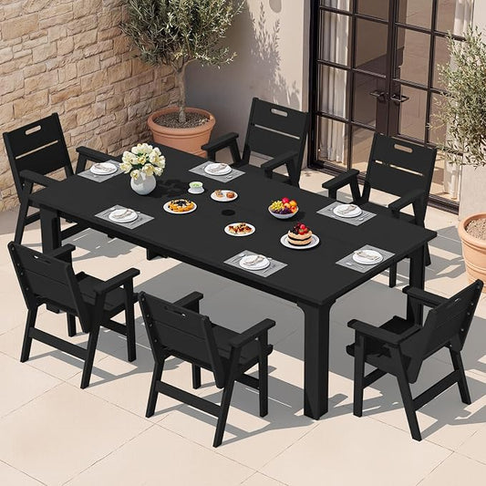 SERWALL 7-Piece HDPE Outdoor Patio Dining Set, All-Weather 76" Rectangular Table with Umbrella Hole & 6 Arm Chairs, Weather Resistant Heavy Duty Outdoor Furniture for Backyard, Deck, Garden, Black