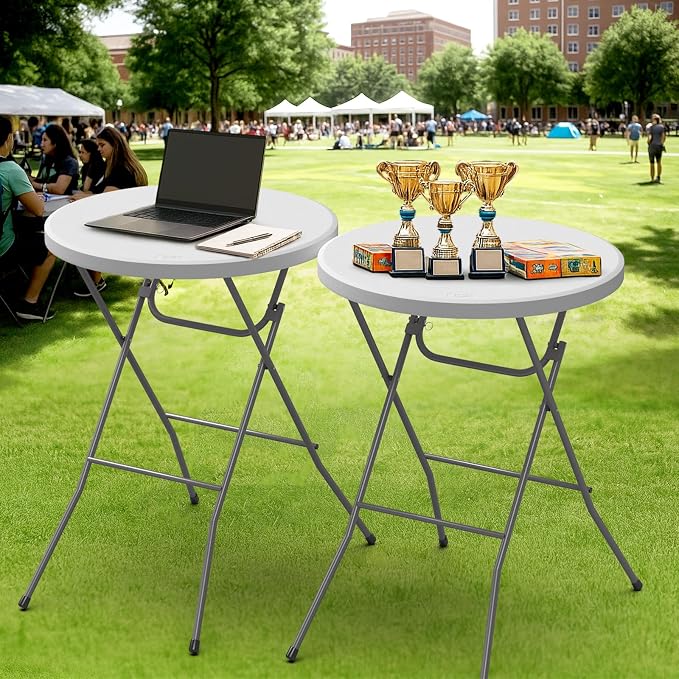 VINGLI 32" Plastic Folding Round Table Bar Height, HDPE Matrial with Gray Metal Finish, High Top Table for Outdoor Party, Cafes, Restaurants, Backyard, Dining Room, Wedding Event,1 Pack, White