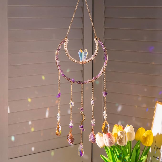 Crystal Suncatcher, Dreamsum Window Suncatchers with Crystals and Stones | Sun Catchers Indoor, Window Catcher with Prism Slices, Moon Crystal Suncatchers gift for Girls, Lover and Mom-Purple