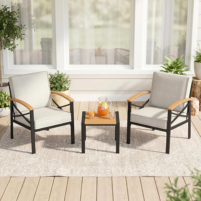 3-Piece Outdoor Patio Furniture Set for All-Weather, Heavy-Duty Metal Outside Furniture with Washable Thick Cushions, Patio Sectional with Coffee Table for Patio, Deck, Backyard, Garden, Beige