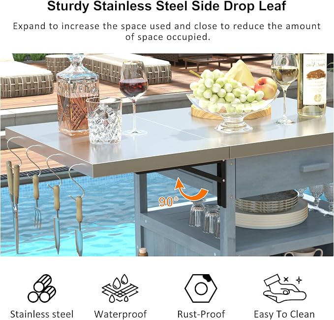 Solid Wood Outdoor Small Grill Table Kitchen Island with Stainless Steel Drop Leaf, Farmhouse Serving Cart with Drawer and Wheels, Outdoor Bar Table for Patio, Lawn Garden, Kitchen, Grey Blue