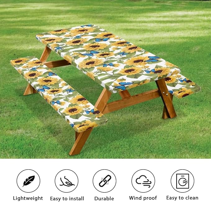 Sunflower Picnic Table Cover with Bench Covers Autumn Outdoor Camping Tablecloth Water and Oil Repellent Elastic Waterproof Picnic Table Cover 3 Piece Set for 6 Foot Tables