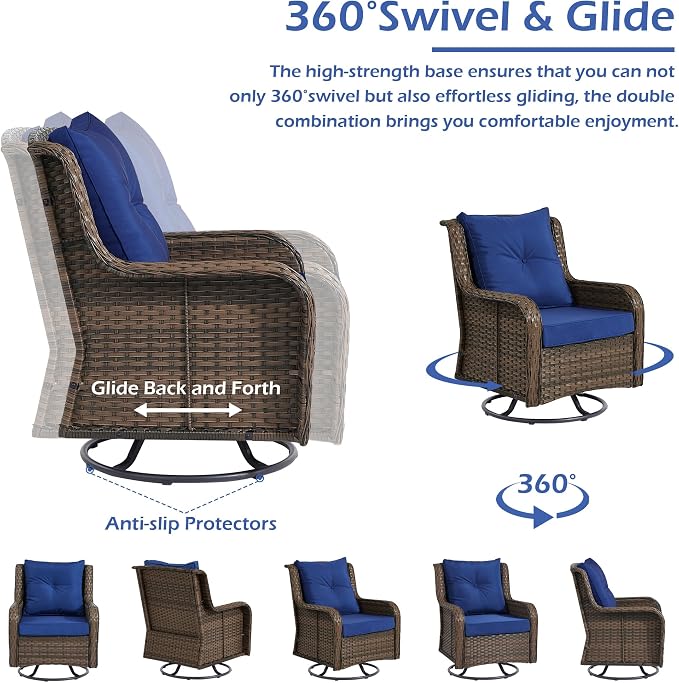 Wumiokio Patio Furniture Sets, 3 Pieces Wicker Outdoor Furniture - 360 Degree Swivel Rocking Chairs and Rattan Side Table for Garden,Porch,Backyard (Brown Wicker/Blue Cushion, 3PCS - Swivel Chairs)
