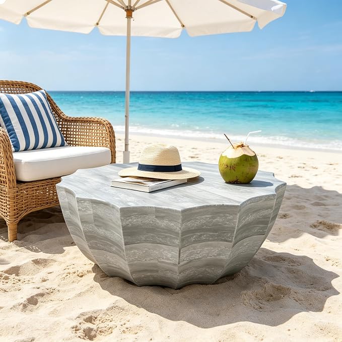35.43" Concrete Outdoor Table,Modern Round Stone Coffee Table,Waterproof Outdoor Coffee Table for Patio for Terraces, Gardens, Backyards and Living Rooms (Marble White, 35.43")