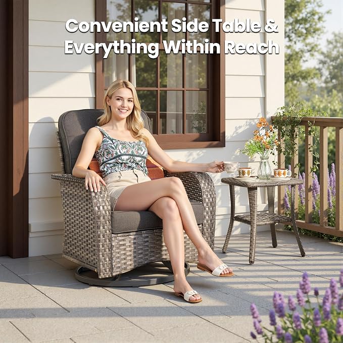 3 Piece Patio Swivel Rocker Chairs Set with Side Table, Black | High Back Deep Seating, All Weather Wicker, Outdoor Glider Chair with Comfy Cushion, Porch Deck Sunroom Balcony Furniture