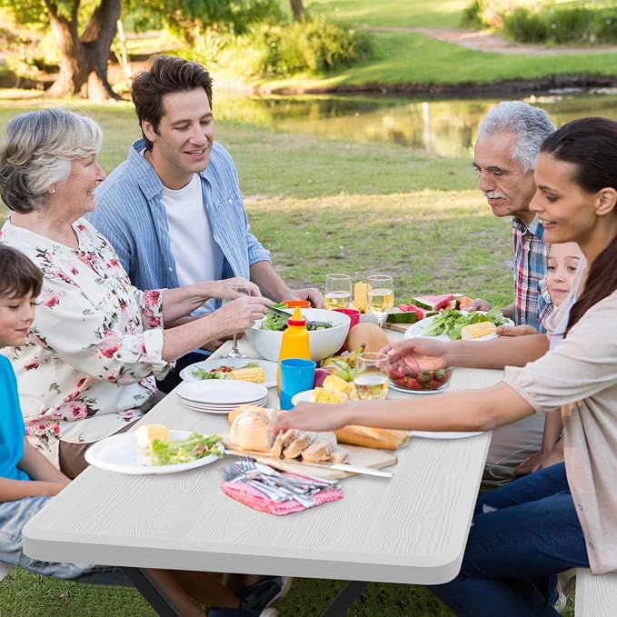 S AFSTAR Picnic Table Bench Set, 59” Expanded Rectangular Picnic Table, Outdoor Table and Bench W/Steel Frame & Wood-Like Texture Tabletop, Camping Table Chair Set for Garden Patio Lawn Deck (White)