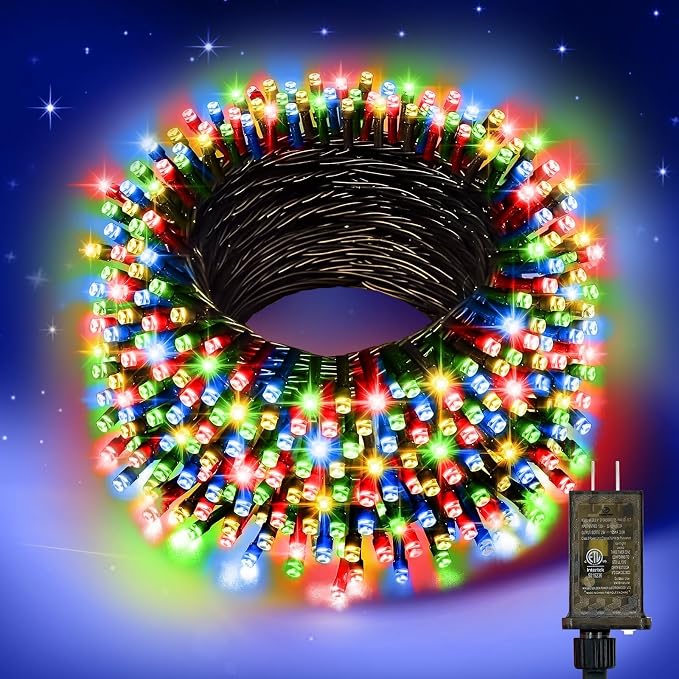 Nisocy 400FT 4-Color Christmas String Lights with Remote, Red Green Blue Warm White LED Mini Lights, Green Wire, 8 Modes, Timer, Plug-in Indoor Outdoor Lights for Tree, Patio and Holiday Decor
