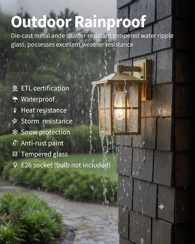 KDG Gold Outdoor Waterproof Modern Patio Wall Light Fixtures Set of 2 | E26 Socket Exterior Lanterns & Sconce with Tempered Glass, Wall Mounted Lamps for Home, Front Door, Garden, Garage, Porch