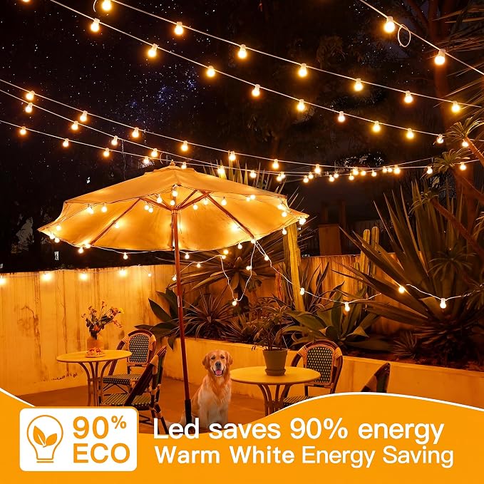 Ollny 100FT Outdoor String Lights, Waterproof Connectable Shatterproof Outside Light with 50 Edison + 3 Spare LED Bulbs Plug in, Patio Lights for Indoor Balcony Porch Camping Deck White