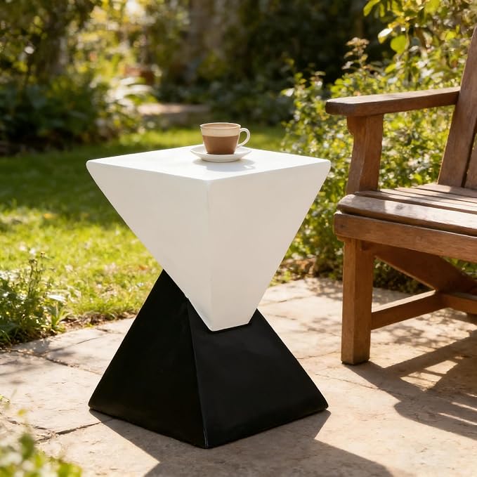 Merax Modern Concrete Side Table with Hourglass Design - Hand-Painted Wood Finish Accenttable for Indoor/Outdoor, White&Black