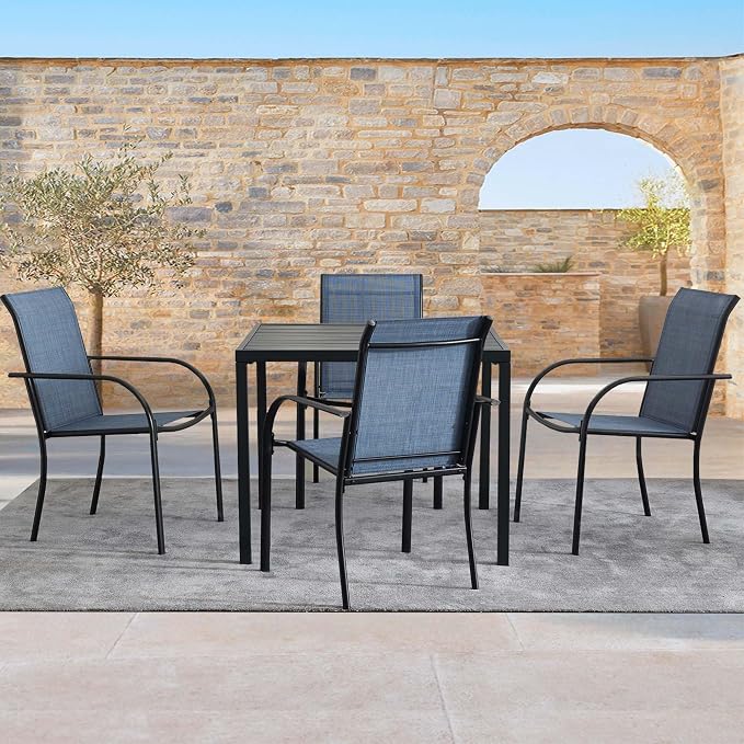 5 Pieces Patio Dining Set for 4, Blue Patio Stackable Chairs and Black Square Table Set of 4, Outdoor Furniture Set with Sling Support for Outside, Garden