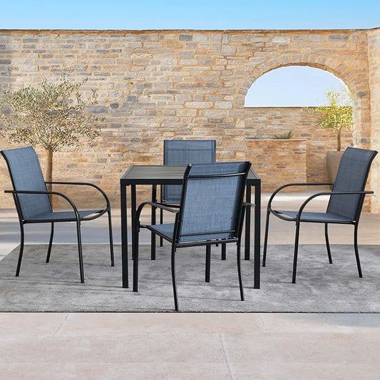 5 Pieces Patio Dining Set for 4, Blue Patio Stackable Chairs and Black Square Table Set of 4, Outdoor Furniture Set with Sling Support for Outside, Garden
