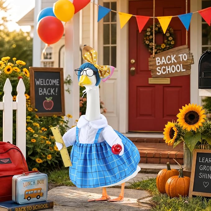 Back to School Porch Goose Outfits for 23 Inch Statue, Teacher Costume for Cement Statue, Duck Sculpture Clothes for Classroom Patio Decoration