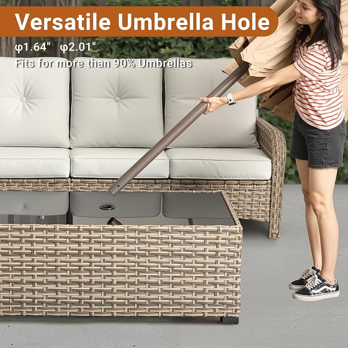 HOOOWOOO Outdoor Patio Side Table with Umbrella Hole,Wicker Coffee End Table Glass Top,Umbrella Table with 1.64" and 2" Hole for Yard,Deck,Porch,Garden(Rectangle Brown)