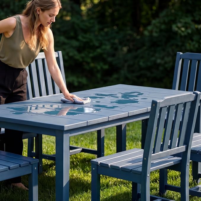 Perli™ 7-Piece Outdoor Dining Set, All-Weather HDPE Patio Table and 6 Chairs with Umbrella Hole, UV-Resistant Composite Wood Dining Furniture for Deck, Backyard, Poolside, Blue