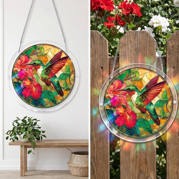 Acrylic Puzzle Suncatcher, Stained Glass Suncatcher Window Hanging, DIY Sun Catcher Kits for Adults, Home Decor Gift for Women, Friends 7.4in (Hummingbird)