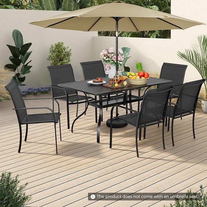 7-Piece Patio Dining Set with Umbrella,6 Person Outdoor Table and Chairs Set, 6 Metal Dining Chairs and Rectangular Outdoor Table with 1.57" Umbrella Hole,Black