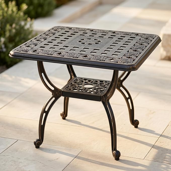 Square Outdoor Coffee Table Set of 2, Cast Aluminum Side Table with Storage,Indoor End Table, All-Weather Bistro Table for Patio Garden Lawn, Bronze