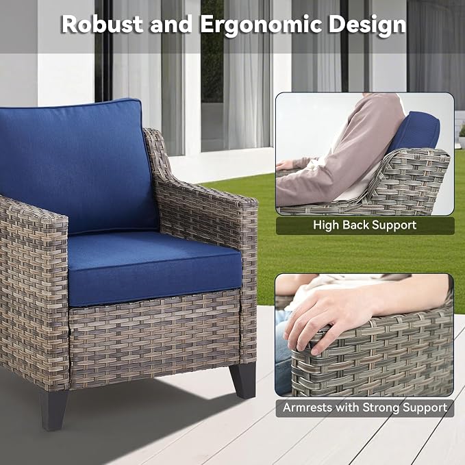 3 Pieces Patio Furniture Sets-Outdoor PE Rattan Wicker Chairs with Thickened Cushion and Glass Coffee Table,All Weather Patio Conversation Set for Garden Backyard Porch Deck Grey/Blue