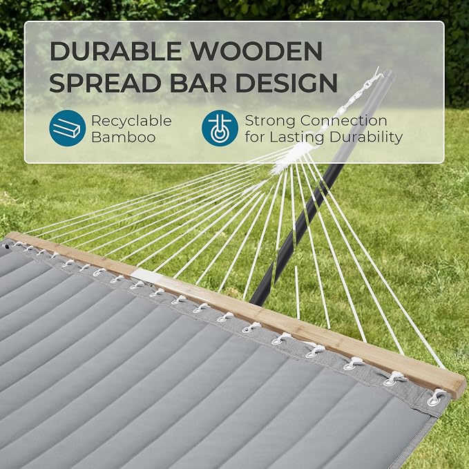 SUPERJARE Hammock with Stand, 2 Person Quilted Outdoor Hammock, Detachable Pillow & Bamboo Spreaders, Portable Hammock with Carrying Bag, Heavy Duty Stand, Perfect for Outside, Patio, Gray
