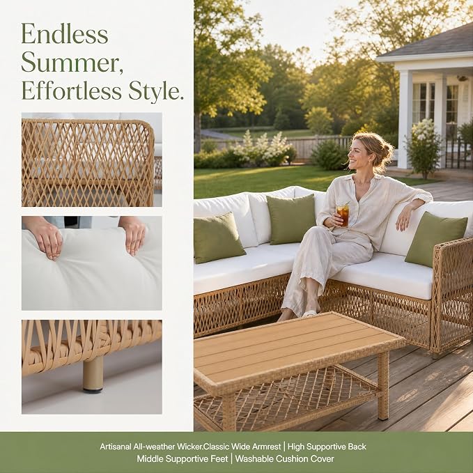 ABCASA Patio Sectional Furniture Set with Waterproof Cover, Oversized Wicker Outdoor Furniture Set w/Water-Resistant Fabric & Thick Cushions, L Shaped Patio Conversation Set for Poolside Yard,Beige