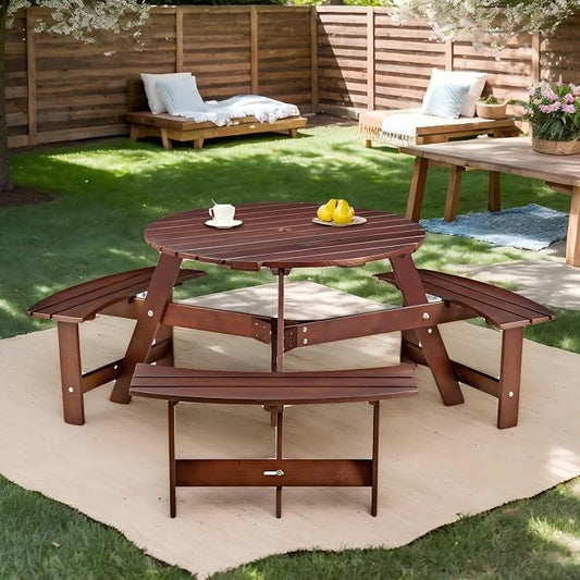 6 Person Wood Picnic Table, Outdoor Round Dining Table with 3 Built-in Benches, Umbrella Hole, Outside Patio Backyard Table and Bench Set, 500lbs Capacity Per Bench(Brown)