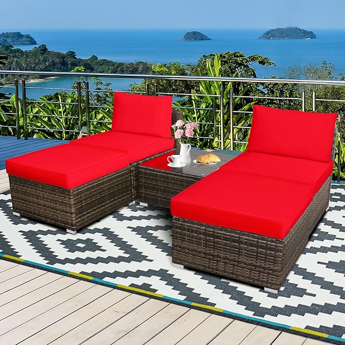 Tangkula 5 Piece Wicker Lounge Chair Set, with Tempered Glass Coffee Table, Outdoor Conversation Sets w/Washable Zippered Cushions, Includes 2 Armless Sofas, 2 Ottomans and 1 Side Table (Red)