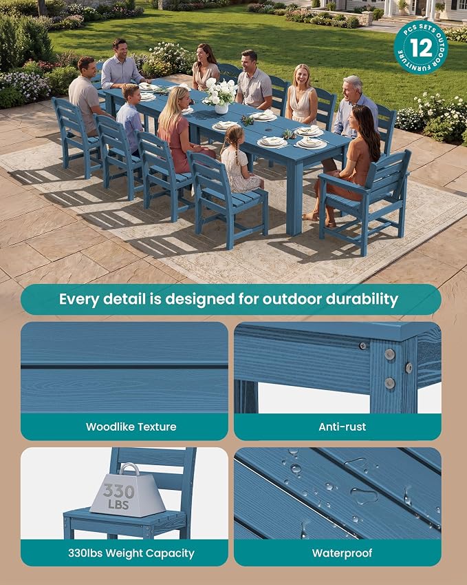 SERWALL 59" HDPE Outdoor Dining Set for 10, w/ 2 Tables & 10 Chairs, Blue | All Weather Resistant HDPE Dining Sets for Patio, Garden, Backyard