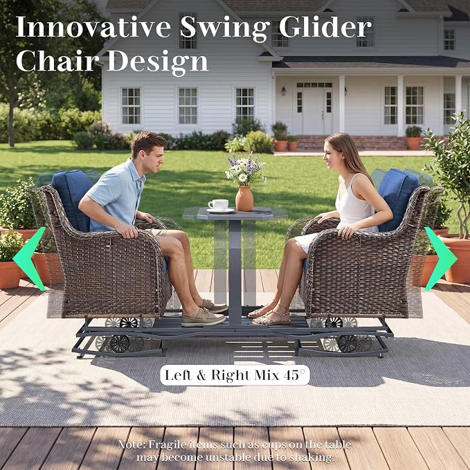 Rilyson Luxury Wicker Outdoor Conversation Set with Glider Rocker Chairs, 5 Pieces Patio Furniture Set with Rattan Swivel Rocker Chairs and Ottomans All Weather Brown/Blue