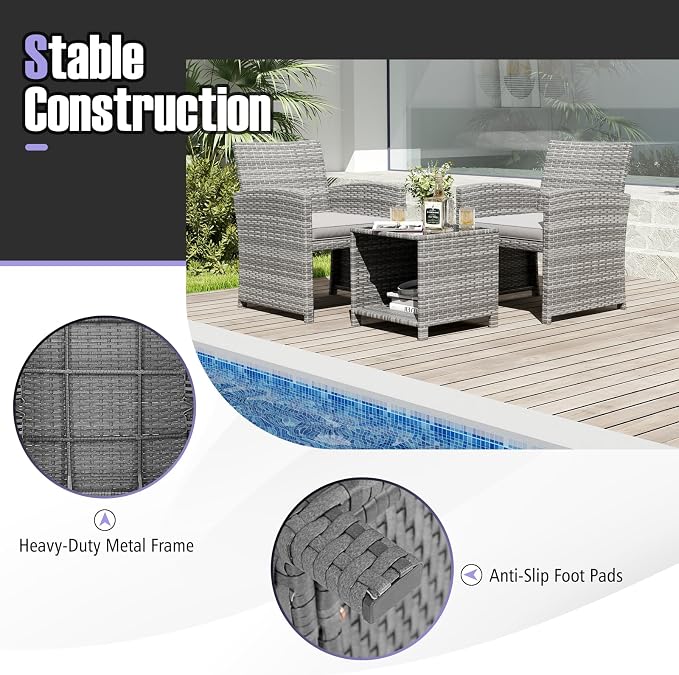 Tangkula 3 Pieces Patio Furniture Set, PE Rattan Outdoor Chairs with Tempered Glass Coffee Table & Soft Seat Cushions, Patio Bistro Set, Outdoor Conversation Set for Porch, Backyard Poolside (Grey)