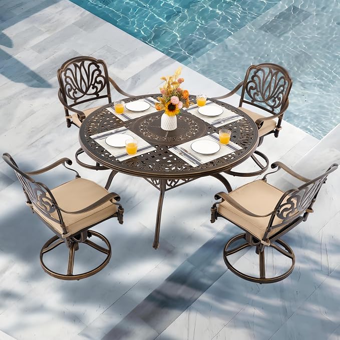 5-Piece Cast Aluminum Outdoor Table and Chairs, Classic Vintage Patio Dining Set for 4 Include 54.5" Round Dining Table and 4 Swivel Chairs with Removable Cushion and Umbrella Hole