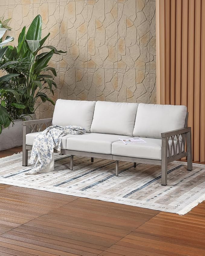 Outdoor Aluminum 3-Seat Sofa, Patio Couch with 5.9'' Thick Cushions, Weather-Resistant Outdoor Club Sofa Couch, Modern 3 Seats Outside Sofas Furniture for Garden, Porch, Balcony, Limed Oak