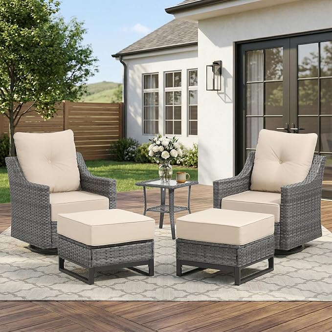 5 Piece Patio Furniture Set,360°Swivel Glider Patio Chairs Set of 2,Side Tale and 2 Ottomans, All-Weather Wicker Patio Set Comfortable Seating with 6 Inch Thick Cushions for Balcony Garden