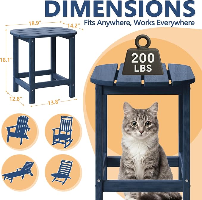 Outdoor 18" HDPE Side Table Set of 2 for Patio Porch Pool, Weather Resistant Standard End Table for Backyard and Indoor, Easy Maintenance & Indoor Outdoor Durable Construction(Navy Blue)