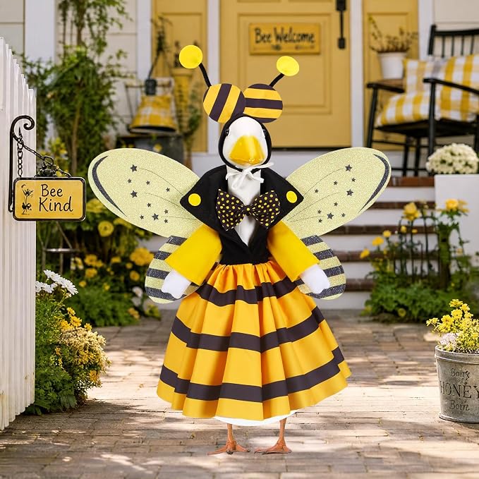 Summer Porch Goose Outfits for 23 Inch Lawn Statue | Funny Bee Costume for Plastic/Cement Statue, Seasonal Sculpture Clothes for Halloween Party Decoration