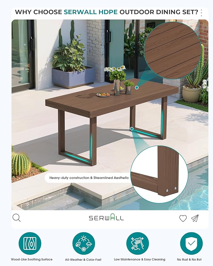 SERWALL HDPE Outdoor Dining Set for 4, 67'' Patio Table and Chairs Set | with Armless Seat