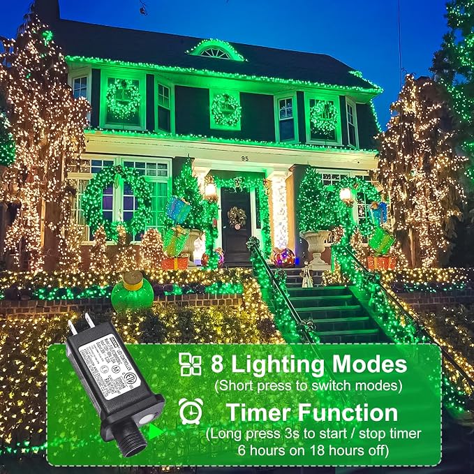 100FT 300 LED Christmas Lights Outdoor, Christmas Tree Lights, Green | Plug in 8 Modes Waterproof Connectable String Lights for Outside House Patio Garden Party Xmas Holiday Decorations