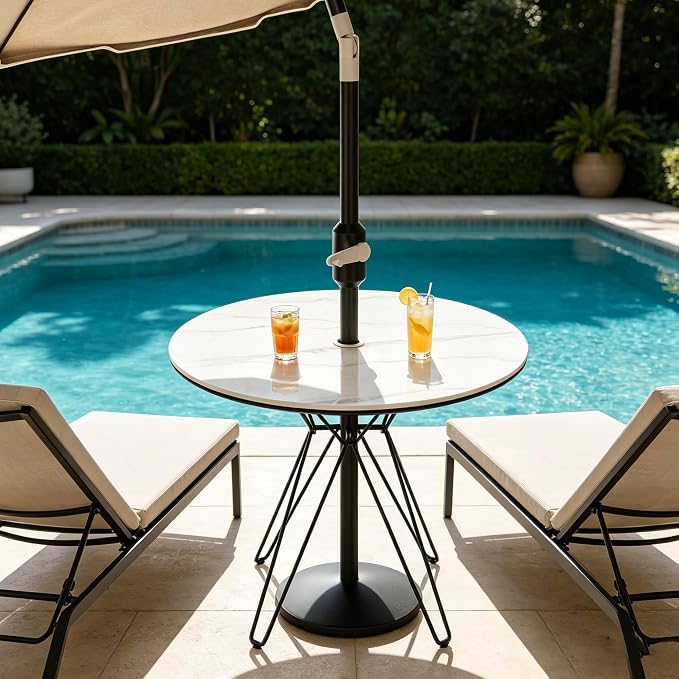 ZL ZELing Outdoor Round Patio Table Top with Umbrella Hole-35.43Inch Sintered Stone Dining Table for Outdoor Patio,Weather-Resistant Slate Countertop Replacement for Garden,Deck,Bar