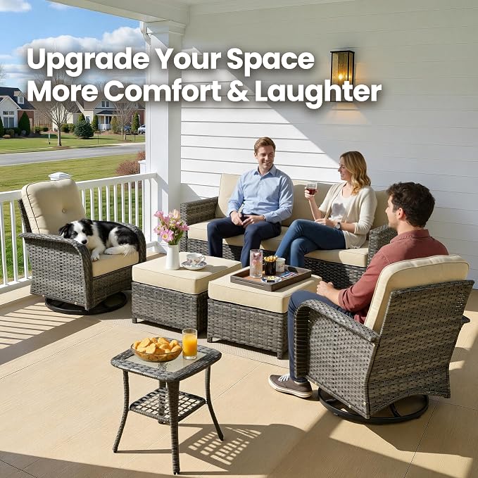 6 Piece Wicker Patio Furniture with Swivel Rocker Chair, Beige | High Back Swivel Rocker Chairs, Outdoor Sofa Ottoman, Heavy Duty, All Weather Rattan Modern Conversation Sets, Deck Backyard