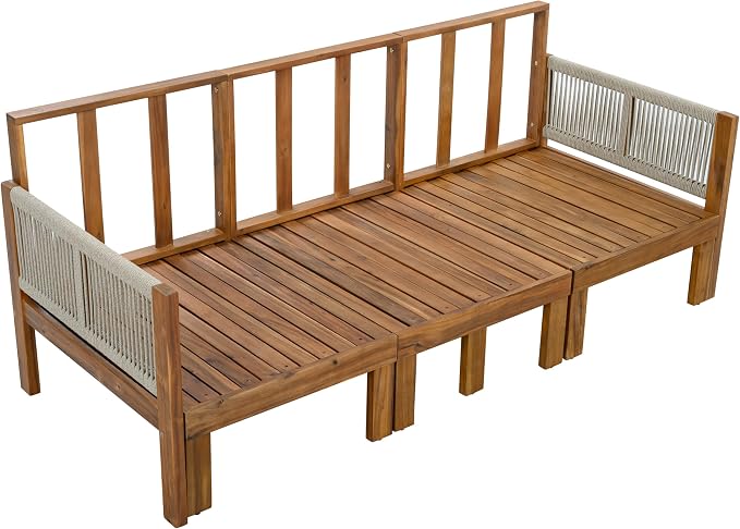 JIVOIT Outdoor Patio Daybed with Rope-Woven Armrests, Convertible Outdoor Sleeper Sofa with Acacia Wood Frame, 3 Seat Patio Sunbed for Backyard, Pool (Beige/85)