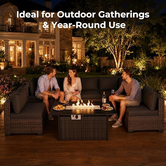 LEVELEVE 8-Piece Wicker Patio Conversation Set with 44" Propane Fire Pit Table, Cozy Outdoor Sectional Sofa for Backyard Gatherings, Poolside Lounging & Garden Parties