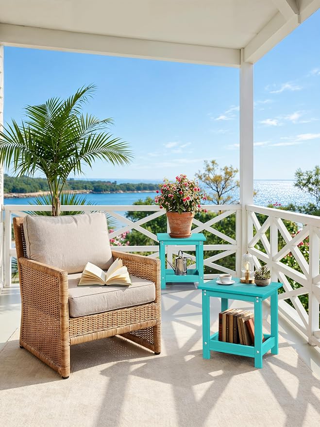 LUE BONA Outdoor Side Table, 2-Tier HDPE Small Outdoor End Table with Rail for Patio, Deck, Poolside, Low Maintenance & Weather Resistant, Aruba Blue