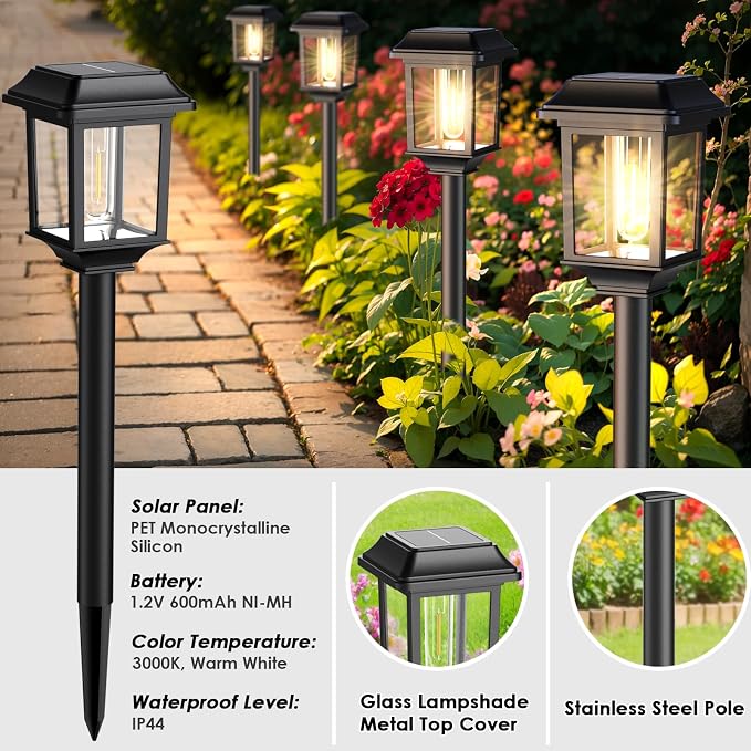 Mancra Solar Outdoor Lights Waterproof, 8 Pack Metal Glass Solar Pathway Lights Outdoor Lighting Garden Decor for Landscape Path Yard Patio Driveway (Warm White)