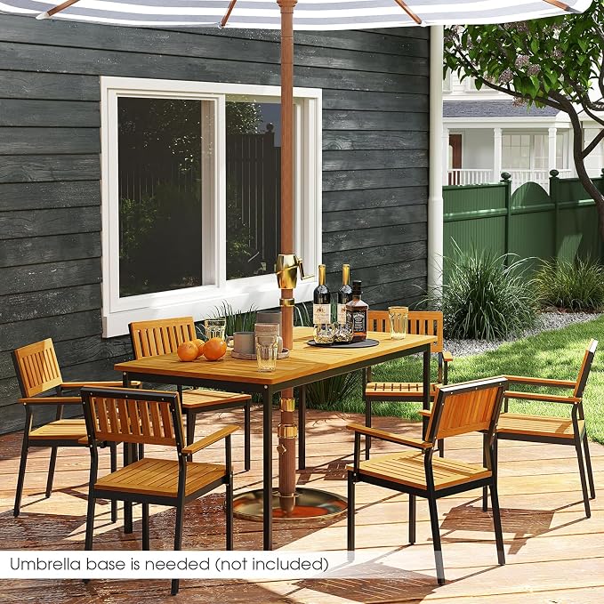 Patio Dining Table, 6-Person Acacia Wood Dining Table with 2 Inches Umbrella Hole, Slatted Tabletop & Adjustable Foot Pads, Outdoor Dining Table for Garden, Poolside & Dining Room