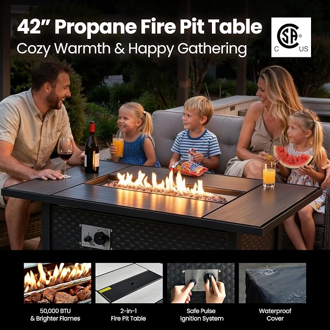6 Piece Patio Furniture Set with Fire Pit Table, Outdoor Wicker High Back Sofa Chairs Ottoman with Comfy Cushions, Modern Conversation Sets for Backyard Deck Garden Poolside, Grey