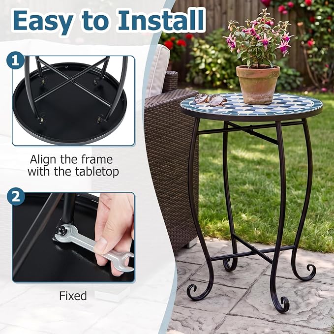 Giantex Outdoor Side Table, Floral Clover Mosaic Patio Accent Table, 14" Coffee End Table, Indoor Outdoor Metal Plant Stand for Porch Garden Balcony Desk